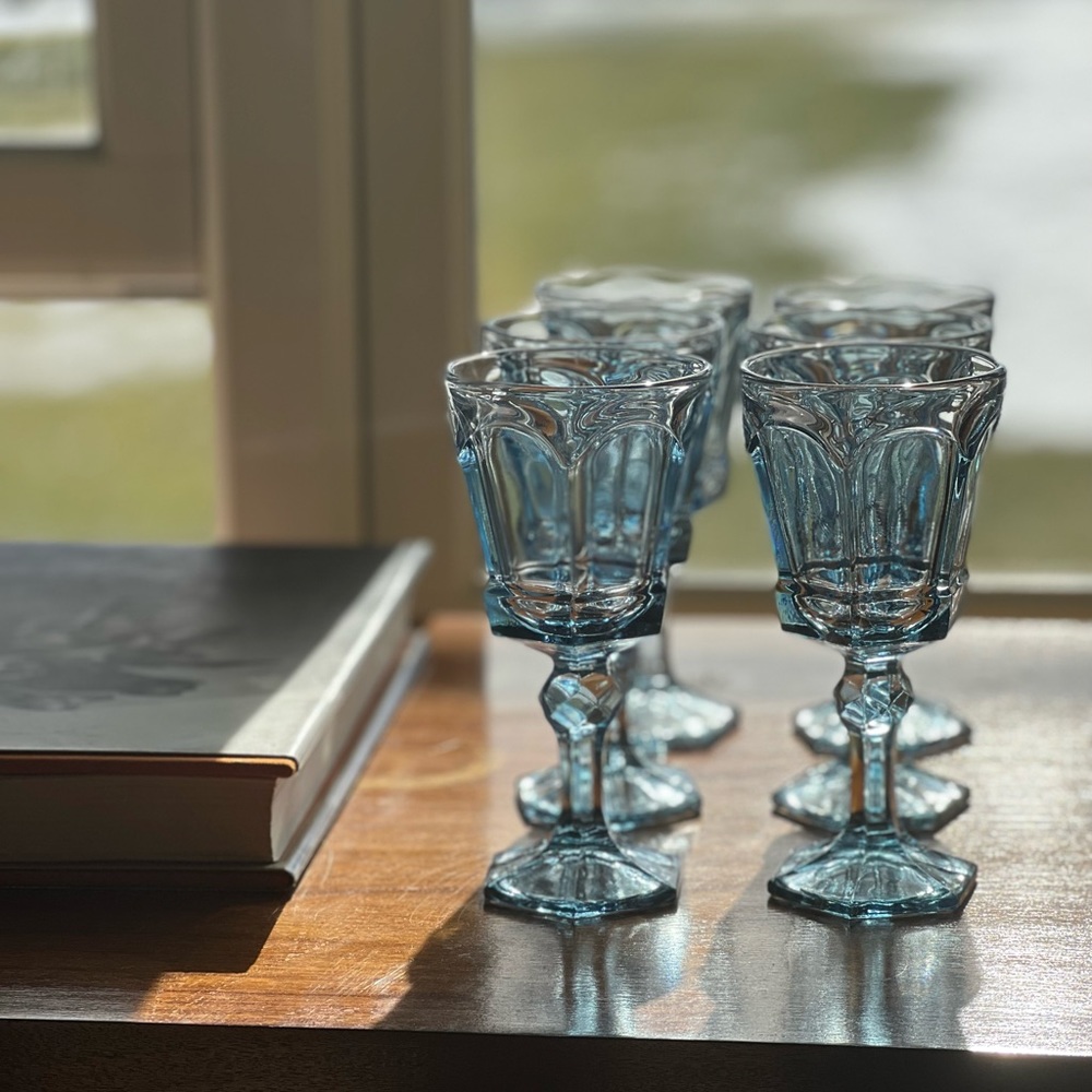 Vintage Midcentury Modern Set of 6 Fostoria Baby Blue Wine Glasses